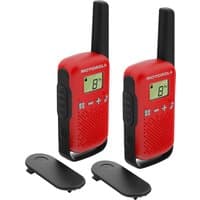 Red and black Motorola TALKABOUT T42 two-way radios with LCD screen and 16 channels, includes two belt clips.