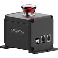 Black Moza Racing E-Stop Switch with red emergency button, USB and Ethernet ports, and Moza logo on the side.