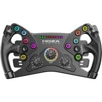 Black Moza Racing KS Steering Wheel with colorful buttons, LED indicators, and carbon fiber texture.