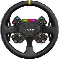 Black Moza Racing RS V2 steering wheel with carbon fiber center, colorful buttons, and LED indicator strip.