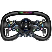 Black Moza Racing Vision GS wheel with LED display, colorful buttons, and textured grips.
