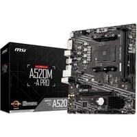 MSI A520M-A PRO motherboard, black micro ATX, AMD A520 Socket AM4, with PCIe slots and RAM slots, next to its box.