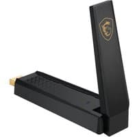 Black MSI AXE5400 network card with gold USB connector and dragon logo on the antenna.