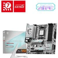 MSI B850M GAMING PLUS WIFI micro ATX motherboard, silver heatsinks, black slots, with box and antenna.