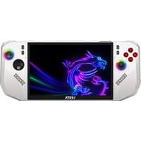 White MSI portable game console with 8" screen, colorful dragon graphic, dual joysticks, and red buttons.