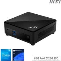 Black MSI Cubi 5 12M mini desktop PC with Intel Core i5, compact design, front USB ports, and power button.