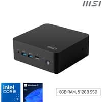 Black MSI Cubi NUC mini desktop PC with Intel Core 3, front USB ports, power button, and compact design.