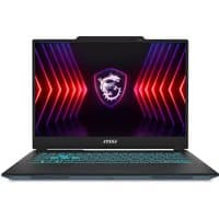 Black MSI Cyborg 14 laptop with glowing keyboard, 14-inch screen displaying red and purple geometric graphics.