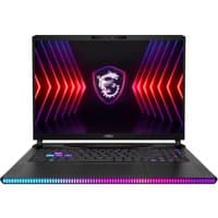 MSI Gaming Raider GE68 HX laptop, black with RGB keyboard, glowing MSI logo, and vibrant red and blue LED accents.