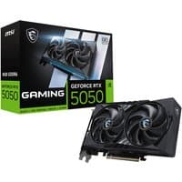 MSI GeForce RTX 5050 8G GAMING OC graphics card with dual fans, black casing, and green-accented packaging.