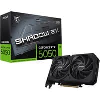 MSI GeForce RTX 5050 8G SHADOW 2X OC graphics card with dual fans and black casing, box in background.