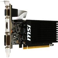 MSI GT 710 graphics card, black heatsink, VGA, HDMI, DVI ports, low-profile design, PCIe connector.