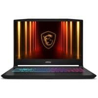 Black MSI Katana 15 laptop with RGB keyboard, 15.6" screen displaying MSI logo, sleek design.