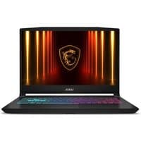 Black MSI Katana 15 laptop with RGB keyboard, 15.6-inch screen displaying MSI logo with orange and red accents.
