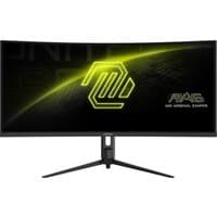 Curved MSI MAG 342CQR E2 monitor, 34-inch, 3440x1440 resolution, sleek black design with wide stand base.