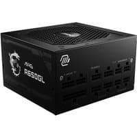 Black MSI MAG A650GL power supply unit with modular ports and dragon logo design.