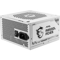 White MSI MAG A850GL PCIE5 power supply unit with dragon logo, 850 W, 20+4 pin ATX connector, vented sides.