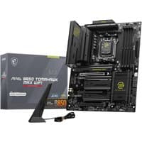 MSI MAG B850 TOMAHAWK MAX WIFI motherboard, black ATX board with heatsinks, box, and WiFi antenna included.