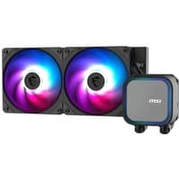 Black MSI liquid cooler with dual 12 cm RGB fans and square pump head, designed for motherboards and processors.