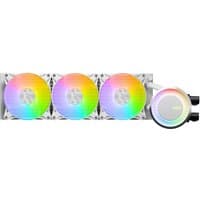 White MSI MAG Coreliquid E360 cooling kit with three RGB fans and circular pump head.