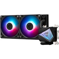 Black MSI MAG Coreliquid I240 liquid cooler with dual 12 cm RGB fans and triangular pump design.