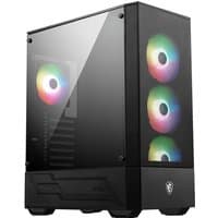 Black MSI MAG Forge 112R Midi Tower with transparent side panel and three front RGB fans.