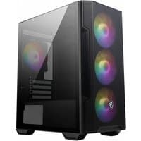 Black MSI MAG Forge M100R Midi Tower with transparent side panel and three front RGB fans.