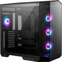 Black MSI MAG Pano 100R PZ midi tower with tempered glass panel and RGB-lit fans.