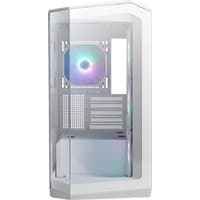 White MSI MAG PANO M100R PZ Micro Tower with RGB fan, transparent side panel, and sleek geometric design.