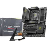 MSI MAG X870E TOMAHAWK WIFI motherboard, black with heatsinks, AM5 socket, ATX form factor, includes antenna.