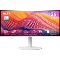 Curved MSI Modern MD342CQPW monitor, 34-inch, 3440x1440 resolution, white stand, vibrant display with colorful graphics.
