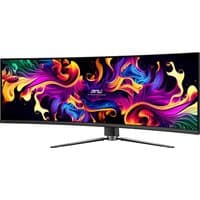 Curved MSI MPG 491CQP QD-OLED monitor, 49-inch, 5120x1440 resolution, vibrant color display, sleek black stand.