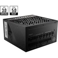 Black MSI MPG A850G power supply unit, 850W, 24-pin ATX, with PCIe5 ready label and vented top design.