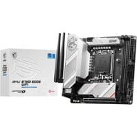 MSI MPG B760I EDGE WIFI motherboard, black and silver design, dual antennas, LGA 1700 socket, mini ATX form factor.