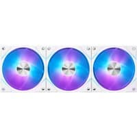 White MSI MPG EZ120 ARGB computer cooling fans with vibrant RGB lighting in blue and purple, 12 cm size.