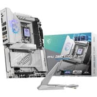 MSI MPG Z890 EDGE TI WIFI motherboard, silver and black design, LGA 1851 socket, ATX form, with packaging box.
