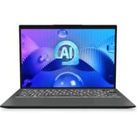 MSI Prestige 13 AI EVO laptop, sleek black design, 33.8" display, backlit keyboard, vibrant screen with AI graphics.