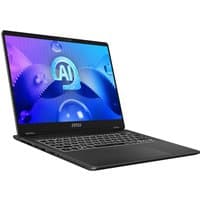 Black MSI Prestige 14 laptop with AI display, slim bezel, backlit keyboard, and sleek design.