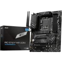 MSI PRO B760-P WIFI DDR4 motherboard, black with heatsinks, LGA 1700 socket, ATX form, includes WiFi antenna.