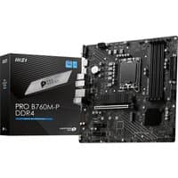 MSI PRO B760M-P DDR4 motherboard, black with silver accents, micro ATX, LGA 1700 socket, next to packaging box.