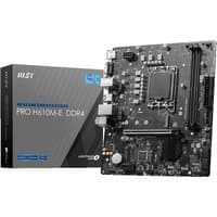 MSI PRO H610M-E DDR4 motherboard, black micro ATX with silver accents, LGA 1700 socket, next to branded box.