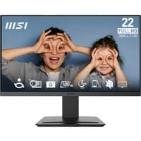 MSI PRO MP223 E2 monitor, 21.4", 1920x1080, slim bezel, black stand, displaying two people making glasses with hands.