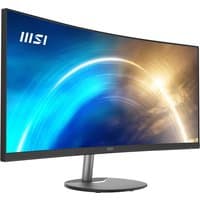 MSI Pro MP341CQ 34" curved monitor, 1500R, ultra-wide screen, slim bezels, black stand, displaying vibrant abstract graphic.