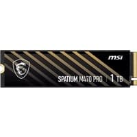 Black MSI Spatium M470 PRO NVMe M.2 SSD with gold diagonal stripes and 1TB capacity label.