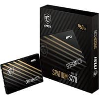 Black MSI Spatium S270 SATA SSD with gold diagonal stripes, 960GB capacity, shown with matching black packaging.