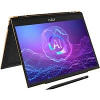 Black MSI 2-in-1 laptop with 13.3" touchscreen, sleek design, stylus pen, and visible AI graphic on screen.