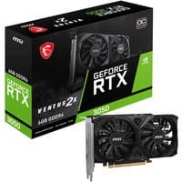 MSI VENTUS GeForce RTX 3050 graphics card, dual fans, black casing, with packaging showing product details.