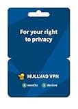 Mullvad VPN card with blue background, yellow logo, and text "5 devices, 6 months" for privacy protection.