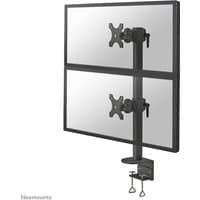 Black Neomounts vertical monitor arm for 17-49" screens, dual adjustable mounts, desk clamp base.