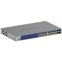 Netgear 28-port PoE gigabit switch, sleek gray design, blue front panel, multiple Ethernet ports, compact form.